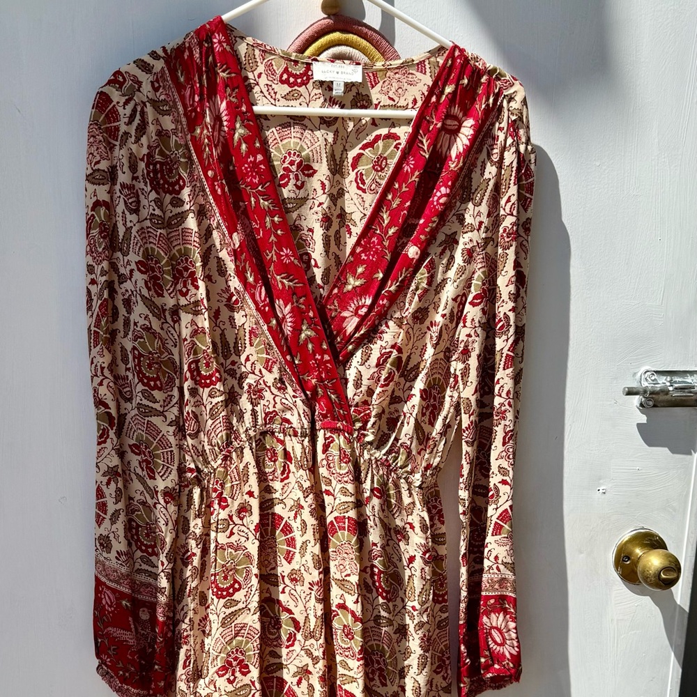 Boho  Lucky Brand Floral Red and Cream Dress